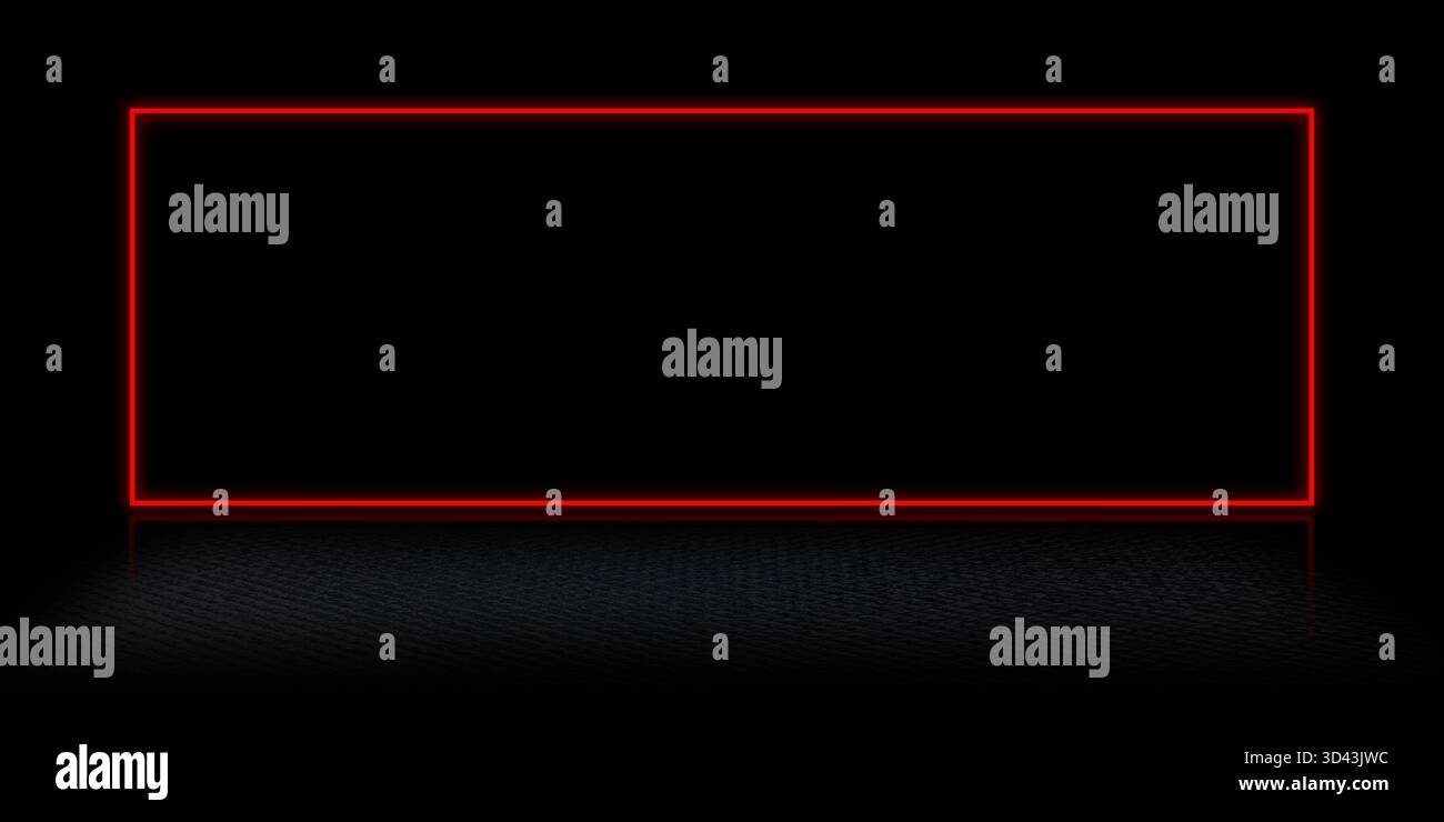 Grafica high-tech ampia forma rettangolare orizzontale che delinea una vivace linea rossa al neon brillante. Sfondo nero centrato rettangolo. la superficie riflette il bagliore Foto Stock