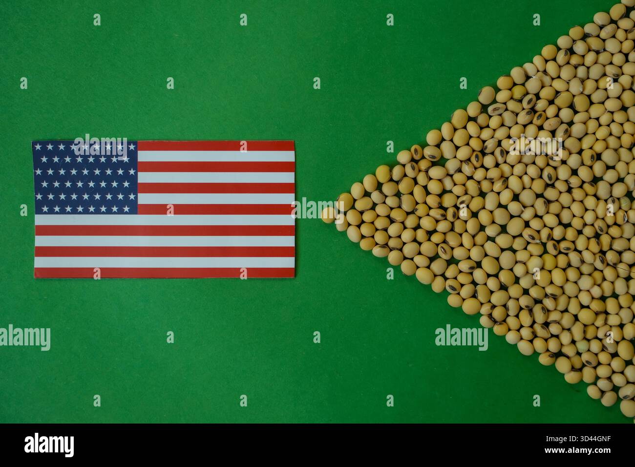 Soia a forma di bandiera brasiliana su sfondo verde. Bandiera americana. Mercato globale della soia. Foto Stock