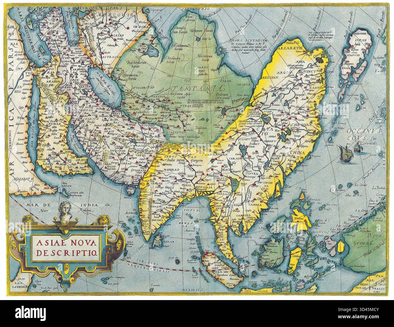 Antiche carte della carta mondiale dell'Asia Abraham Ortelius c 1570 Foto Stock