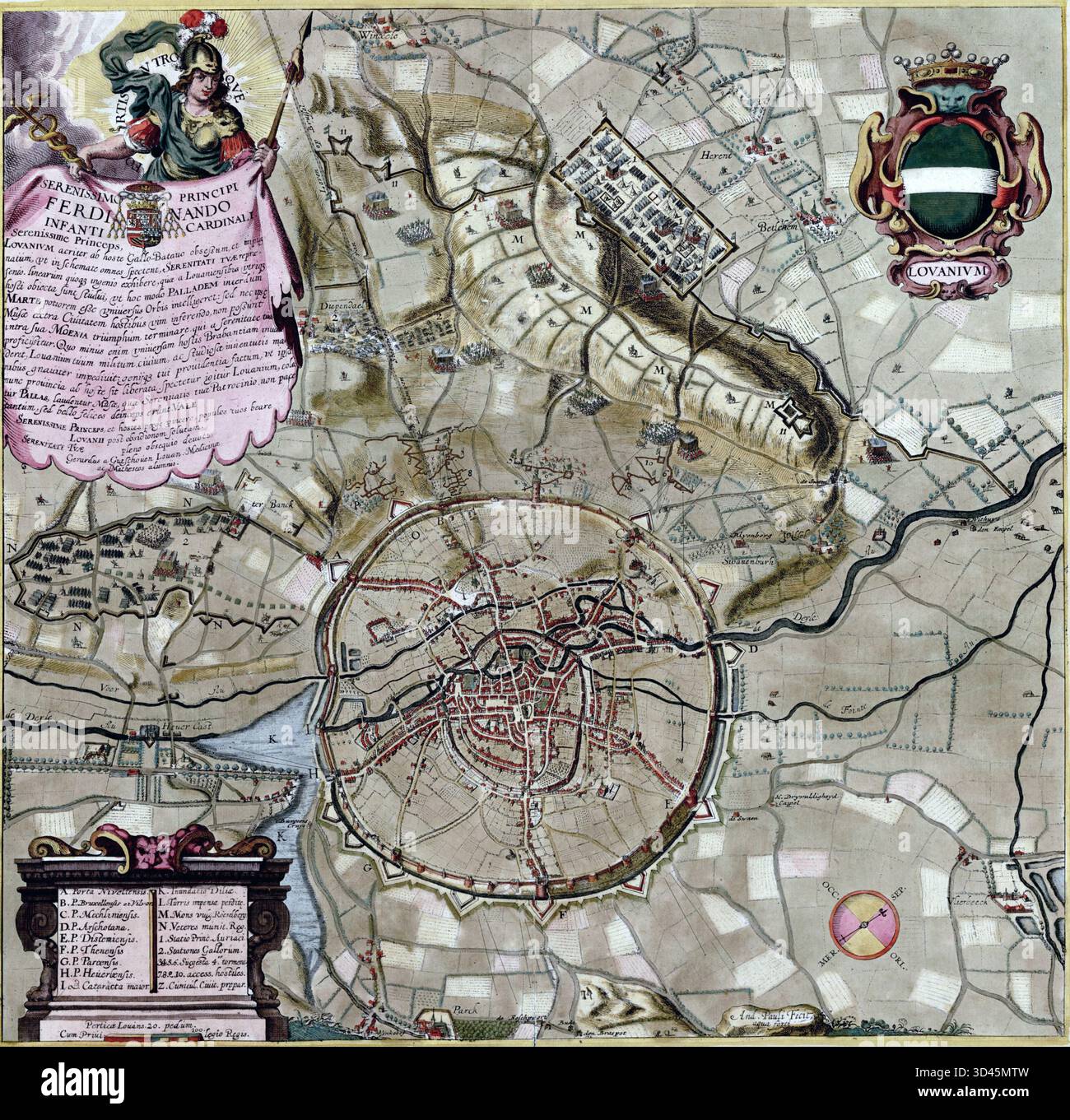 Storico documento cartografico belga raffigurante le strutture difensive di Lovanio, con dettagli architettonici e paesaggio territoriale, commemorati Foto Stock