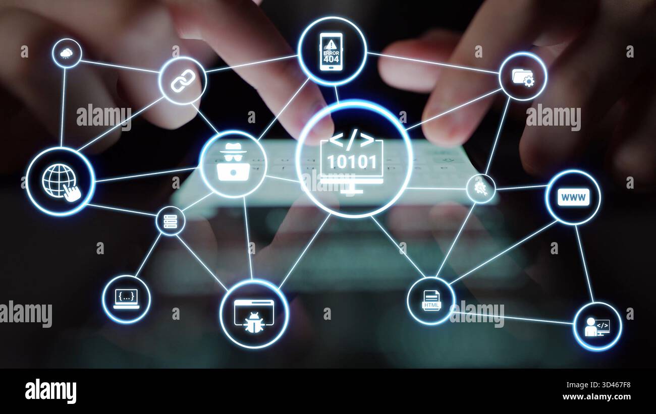 Sviluppo di software con sovrapposizioni di codifica, linguaggi di programmazione, strumenti per sviluppatori, creazione di app mobili e programmazione avanzata per prodotti digitali Foto Stock