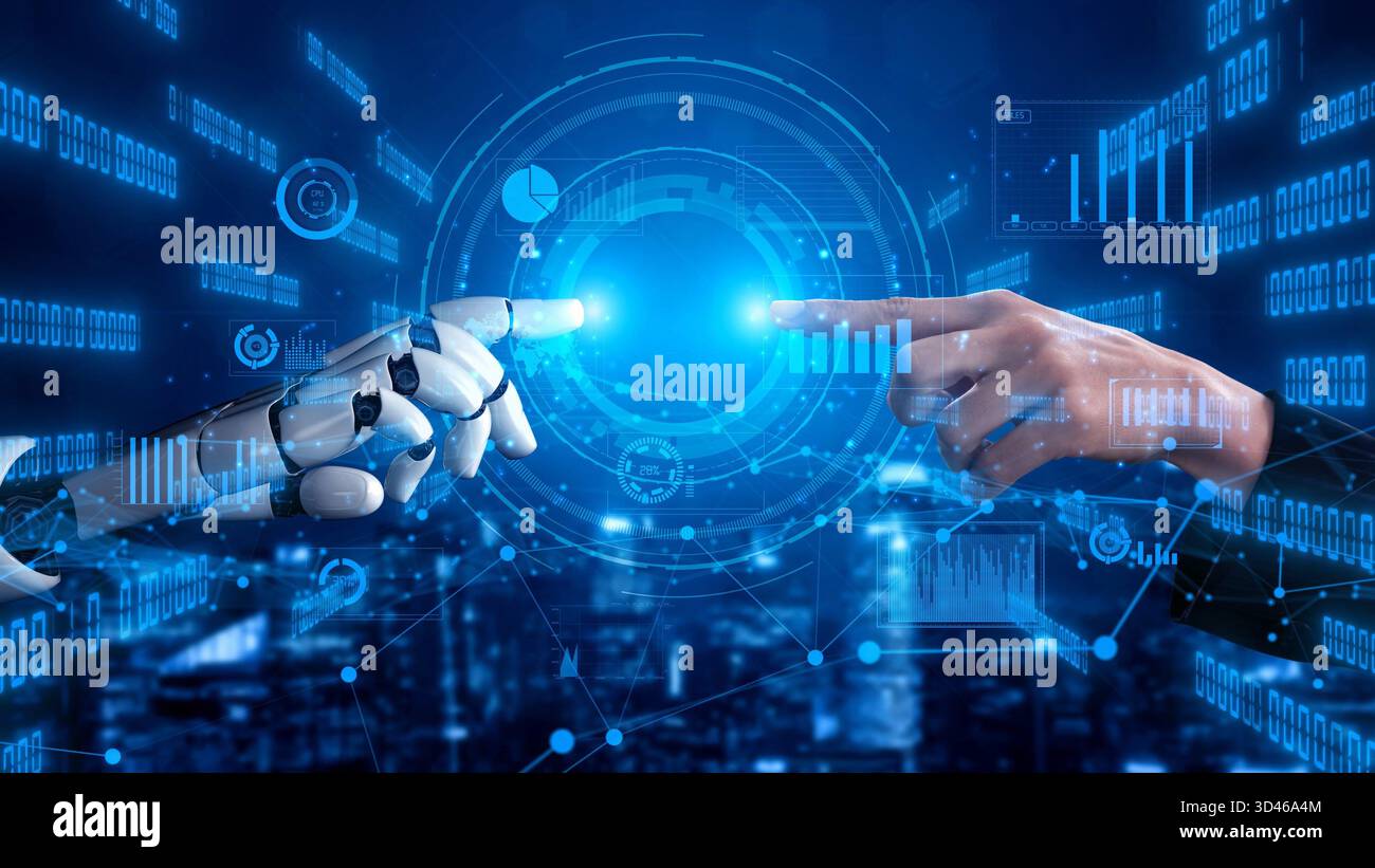 Una rappresentazione digitale futuristica che mostra l'interazione tra una mano umana e una mano robot, enfatizzando la tecnologia, l'innovazione e. Foto Stock