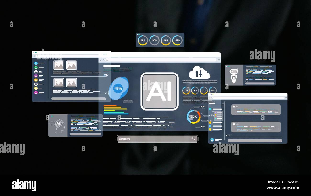Una grafica accattivante di un'interfaccia digitale progettata per l'analisi dei dati di intelligenza artificiale, con grafici, grafici e metriche utente all'interno di Foto Stock