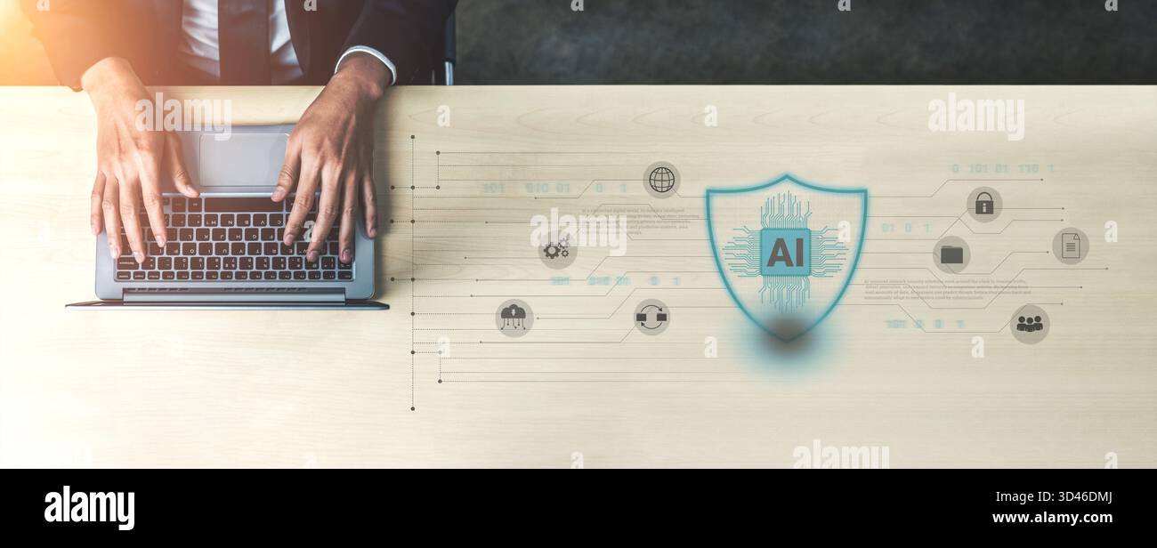 Il sistema intelligente di cibersicurezza con intelligenza artificiale migliora la protezione digitale, rileva le minacce in tempo reale e garantisce la trasmissione sicura dei dati, migliorando la resilienza Foto Stock