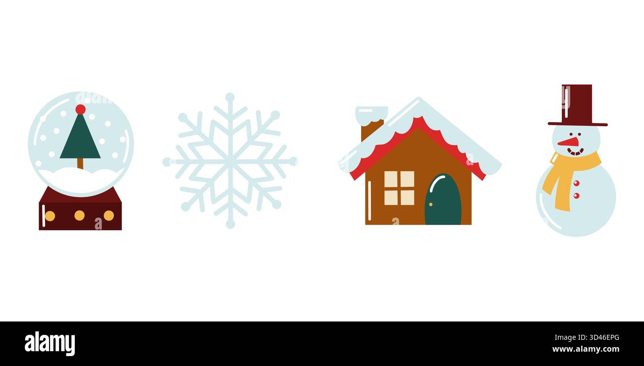 Inverno pianeggiante con neve, fiocco di neve, casa di pan di zenzero e pupazzo di neve. Illustrazione isolata del vettore disegnata a mano. Illustrazione Vettoriale