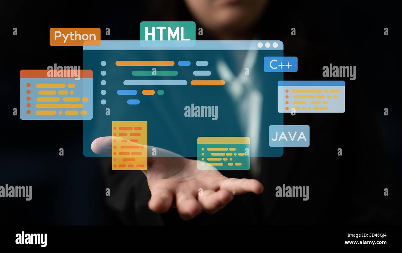 Lo sviluppo software combina strumenti di codifica, creazione di app mobili e linguaggi di programmazione per offrire soluzioni di prodotti digitali innovative. Fermo Foto Stock