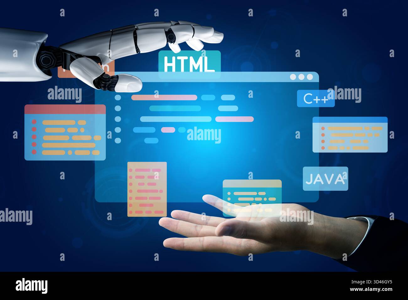 L'intelligenza artificiale aiuta lo sviluppo del software tramite strumenti di codifica intelligenti, debug di assistente virtuale e automazione intelligente nel digitale Foto Stock