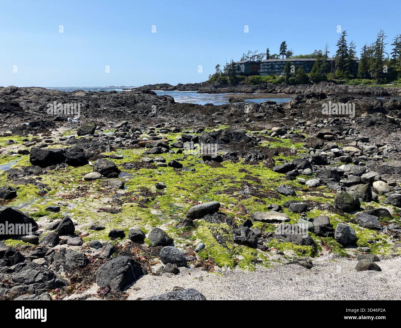 Big Beach con Black Rock Oceanfront Resort sullo sfondo. Ucluelet, Isola di Vancouver, Columbia Britannica, Canada. - Immagine stock catturata con smartphone