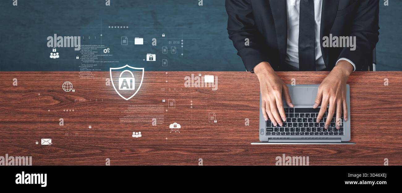 Il sistema di cibersicurezza AI protegge le risorse digitali attraverso il rilevamento intelligente, il controllo degli accessi e la prevenzione delle minacce, migliorando la sicurezza e la resilienza Foto Stock