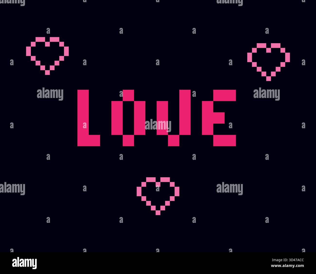 Lettering Love and decorative Hearts Around Pixel Art Greetings St Valentines Day Design minimalista. Illustrazione vettoriale San Valentino carte tematiche, post sui social media, poster, opuscoli, etichette Illustrazione Vettoriale