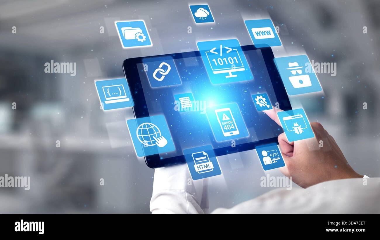 Sviluppo di software con sovrapposizioni di codifica, linguaggi di programmazione, strumenti per sviluppatori, creazione di app mobili e programmazione avanzata per prodotti digitali Foto Stock