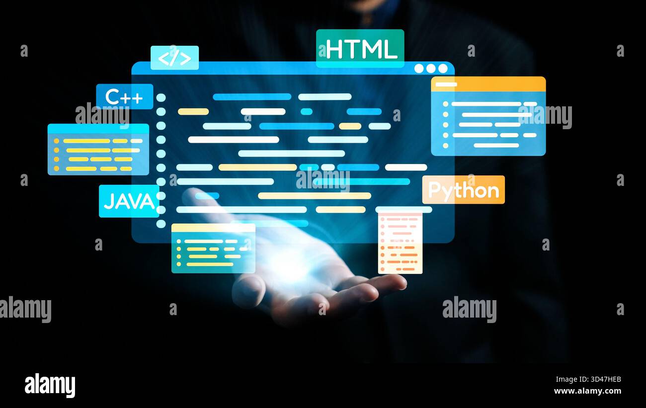 Un display olografico visivamente sorprendente mostra vari linguaggi di programmazione e frammenti di codice, che rappresentano la tecnologia moderna e l'innovazione in Foto Stock