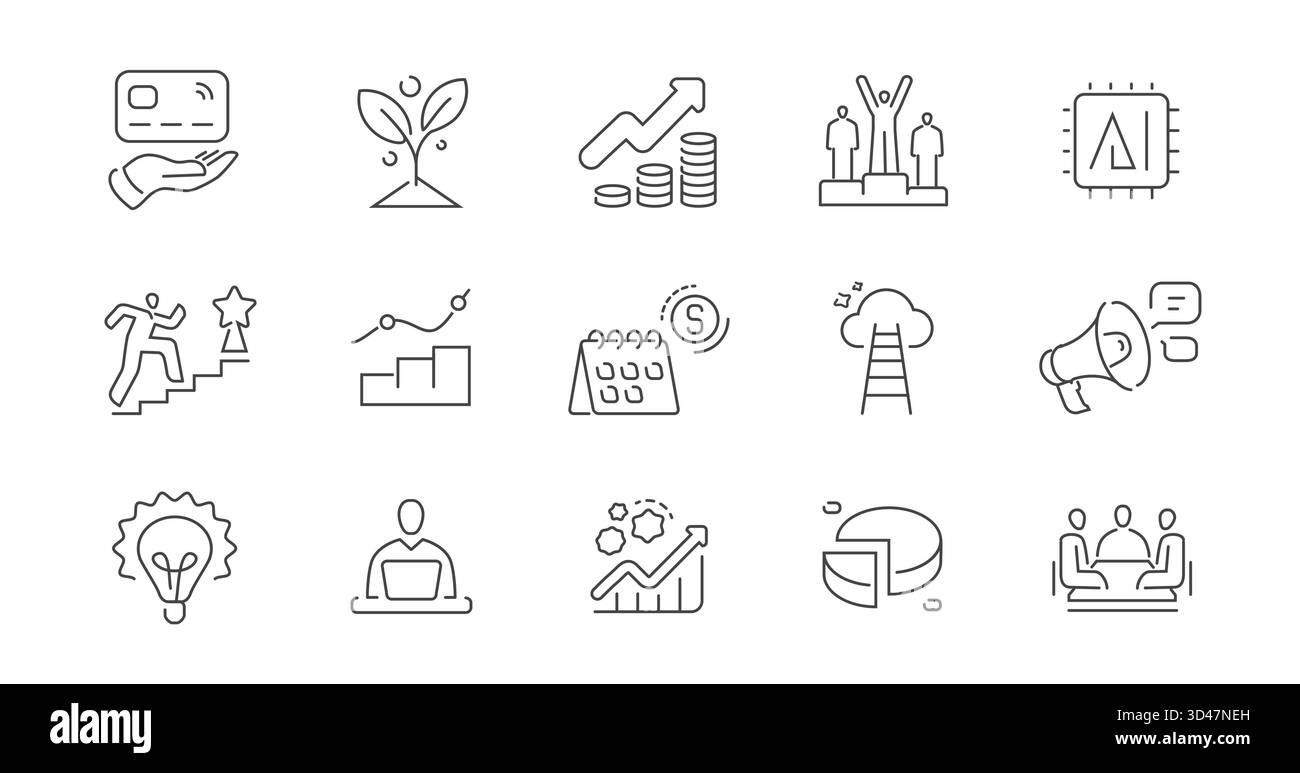 Concetto aziendale, set di icone Web sottili. Il successo, la finanza, il commercio, i simboli del lavoro d'ufficio. Raccolta di icone di contorno Illustrazione Vettoriale