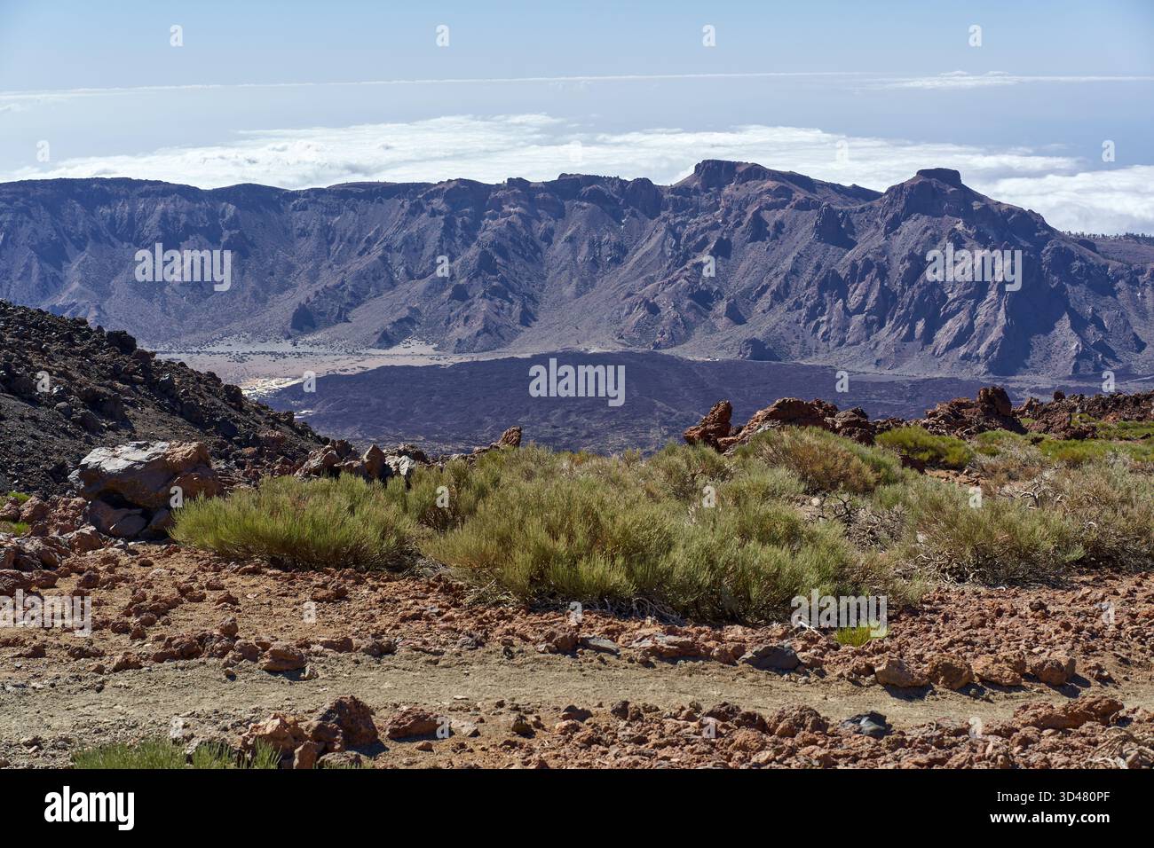 Paesaggio con sentiero vulcanico e valle di Llano de Ucanca e bordo della caldera di Las Cañadas sullo sfondo Foto Stock
