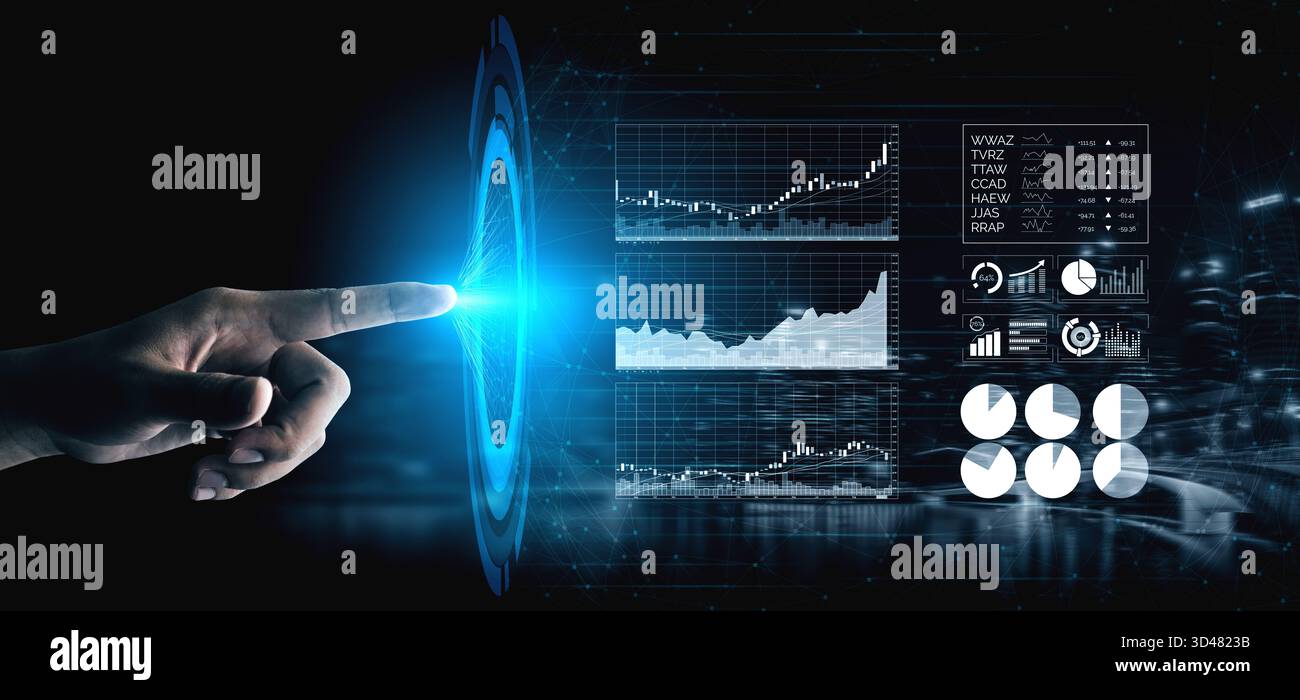 Una mano che interagisce con un futuristico dashboard digitale che mostra vari grafici e metriche, illustrando l'analisi dei dati e il mercato Foto Stock