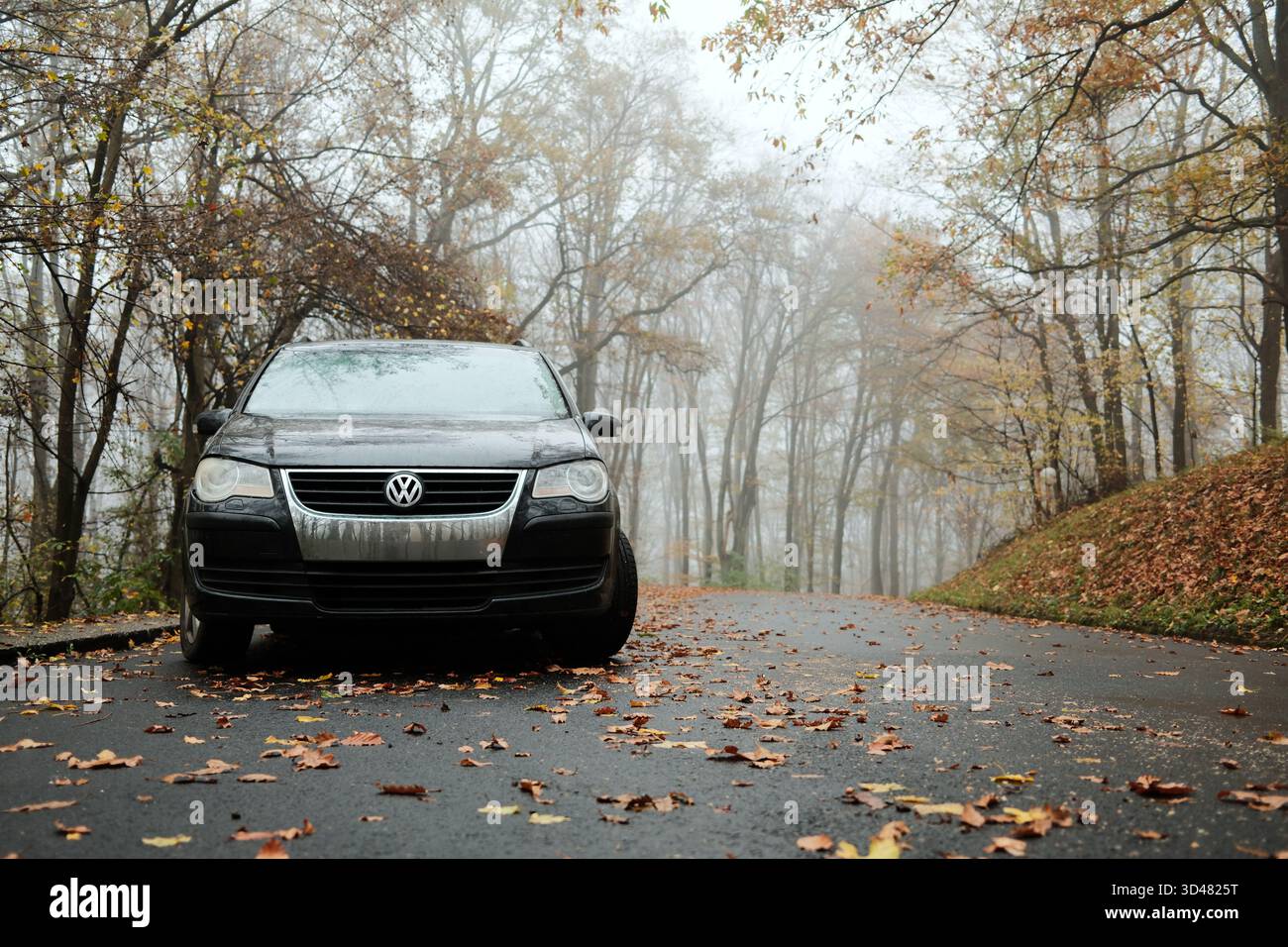 Auto Volkswagen Touran nera parcheggiata su una strada boschiva bagnata ricoperta di foglie autunnali con il tempo nebbioso. Un ambiente di viaggio tranquillo con una luce soffusa. Sopot, Serbia - Foto Stock