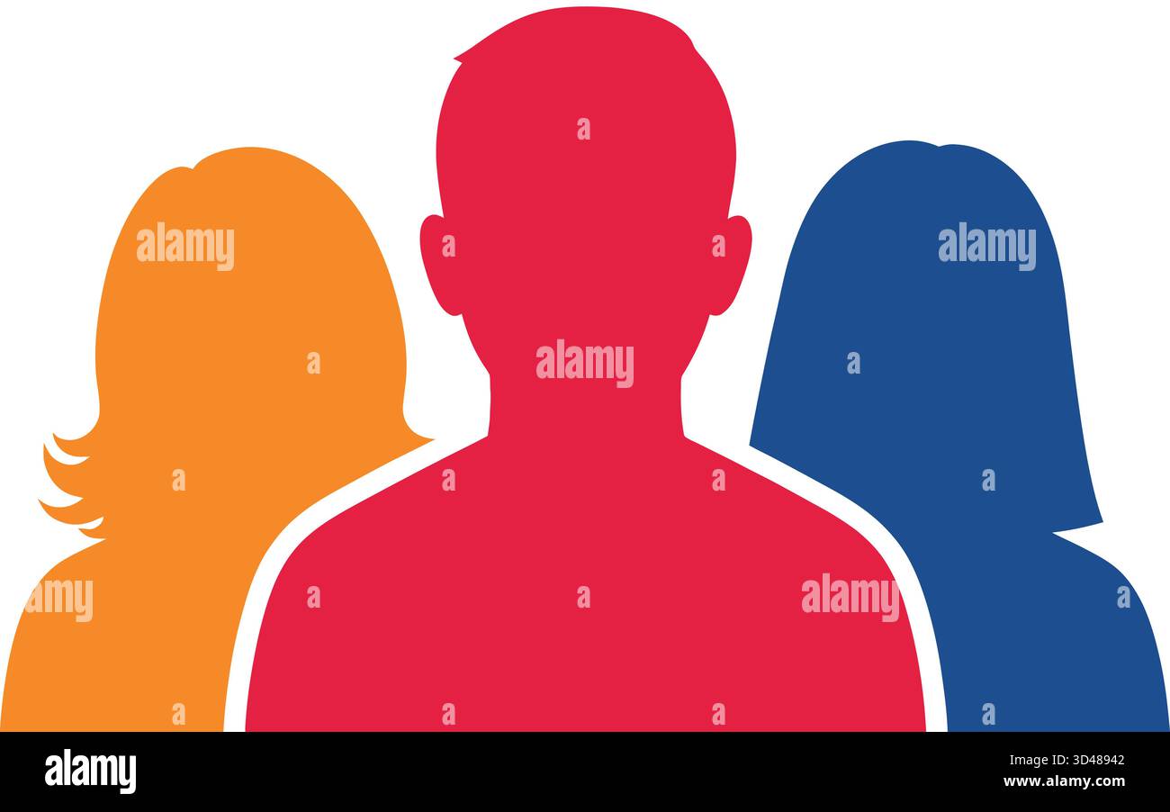 Tre figure sagomate in arancione, rosso e blu, in piedi insieme Illustrazione Vettoriale