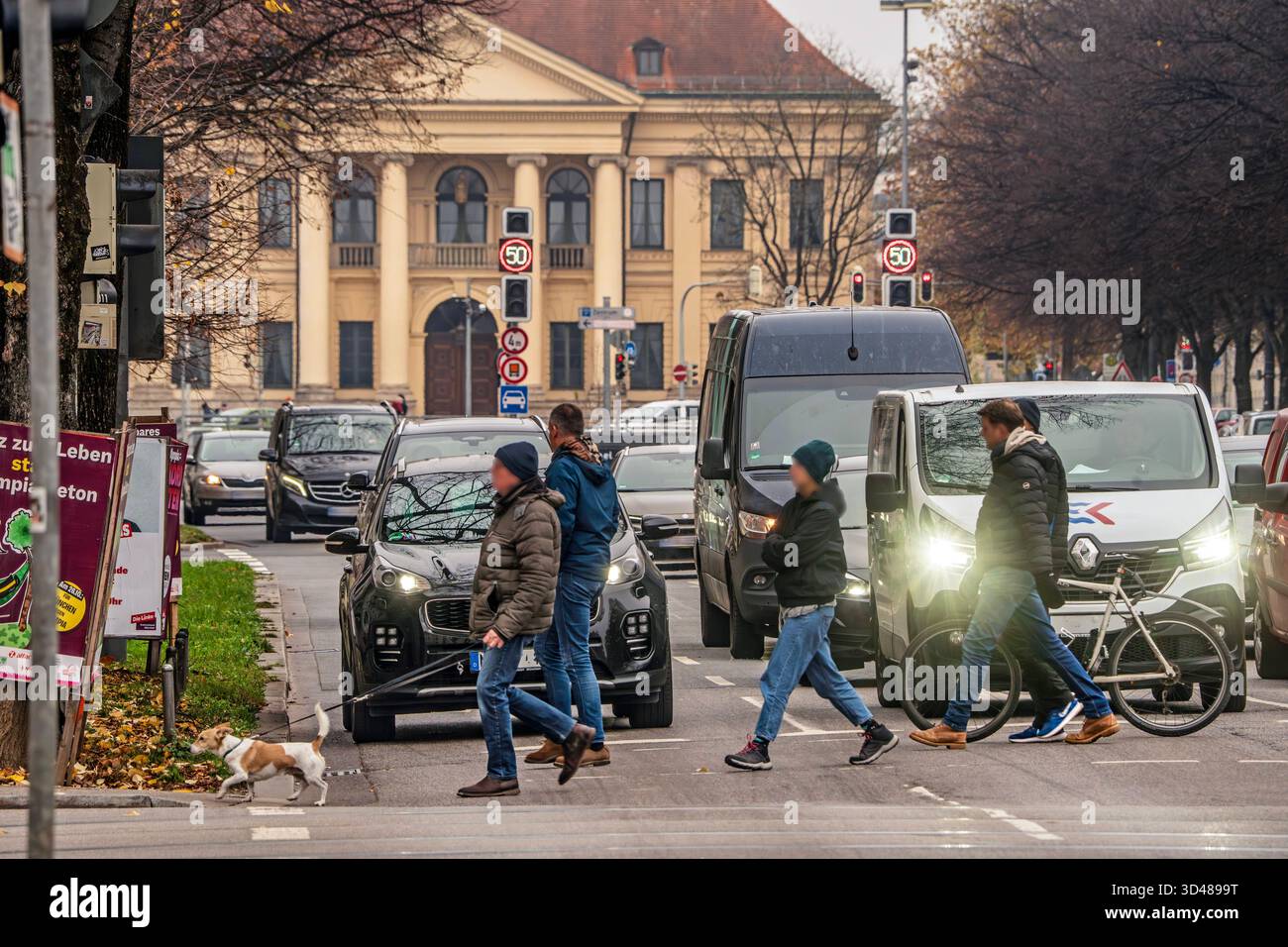 Dichter Verkehr auf der Prinzregentenstraße, Straße die Fußgänger überqueren, grauer Herbstttag, München, novembre 2025 Deutschland, München, novembre 2025, Stadtverkehr auf der Prinzregentenstraße, dichter Verkehr, Fußgänger und Radfahrer überqueren an einer Ampel die vielbefahrene Straße, im Hintergrund das Prinz-Carl-Palais, Autoverkehr, Verkehr, Abgase, Autoabgase, grauer Herbsttag, Herbst, Bayern, *** traffico intenso su Prinzregentenstraße, pedoni che attraversano la strada, grigio giorno d'autunno, Monaco di Baviera, novembre 2025 Germania, Monaco di Baviera, novembre 2025, traffico cittadino su Prinzregentenstraße, pesante traff Foto Stock