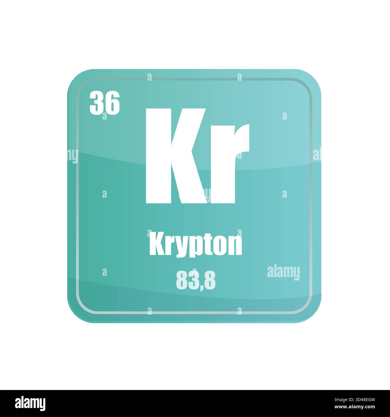 Piastrella con elemento chimico al cripto. Numero atomico trentasei. Icona vettore con il simbolo KR. Forma quadrata blu/verde. Illustrazione Vettoriale
