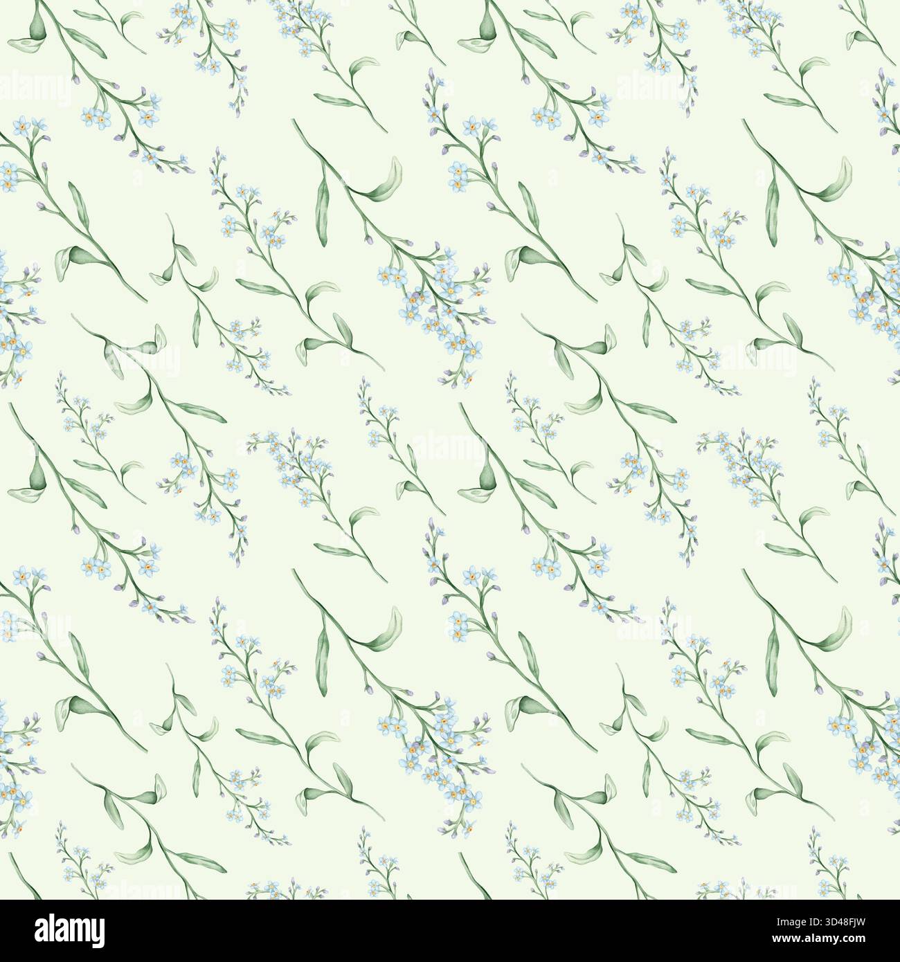 Acquerello senza cuciture con foglie verdi da illustrazione e nots da dimenticare blu chiaro. Fiori selvatici erbe fiori. Inviti di nozze, moda, stampe Foto Stock