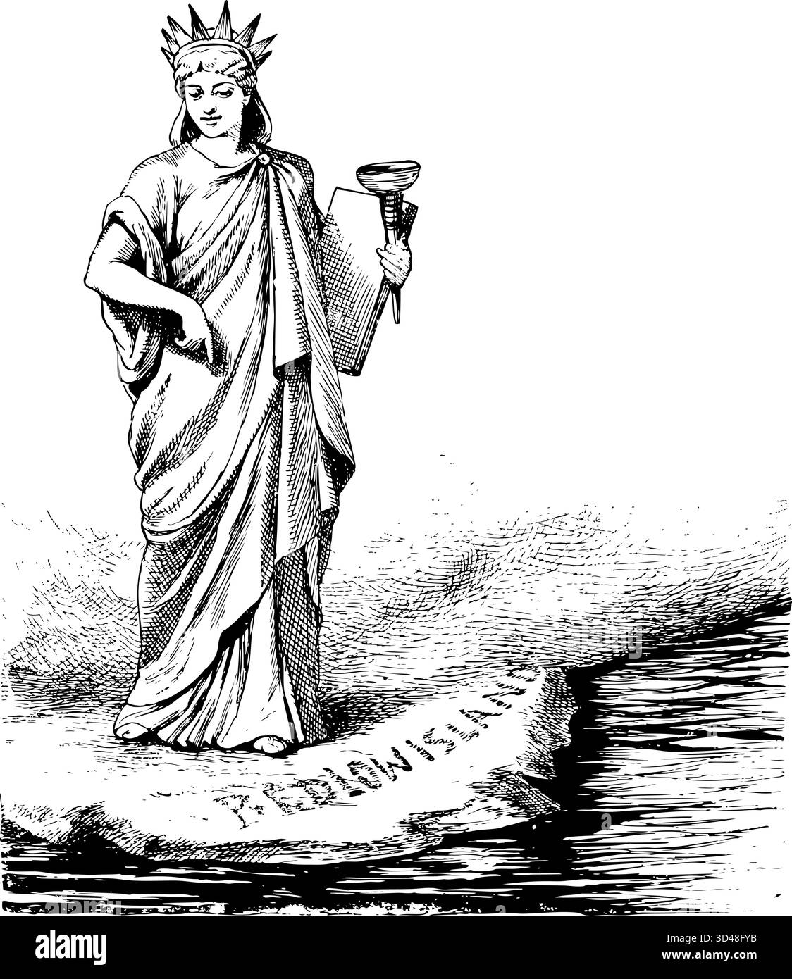 Stature of Liberty USA simbolo di libertà. Linea monocromatica Vintage ispirata agli anni '90, che rappresenta la cultura e la moda dei tempi. Illustrazione Vettoriale