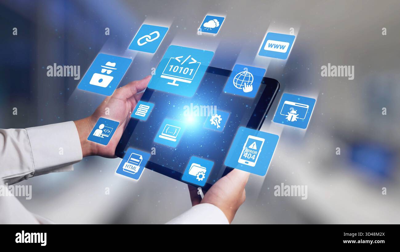 Sviluppo di software con sovrapposizioni di codifica, linguaggi di programmazione, strumenti per sviluppatori, creazione di app mobili e programmazione avanzata per prodotti digitali Foto Stock