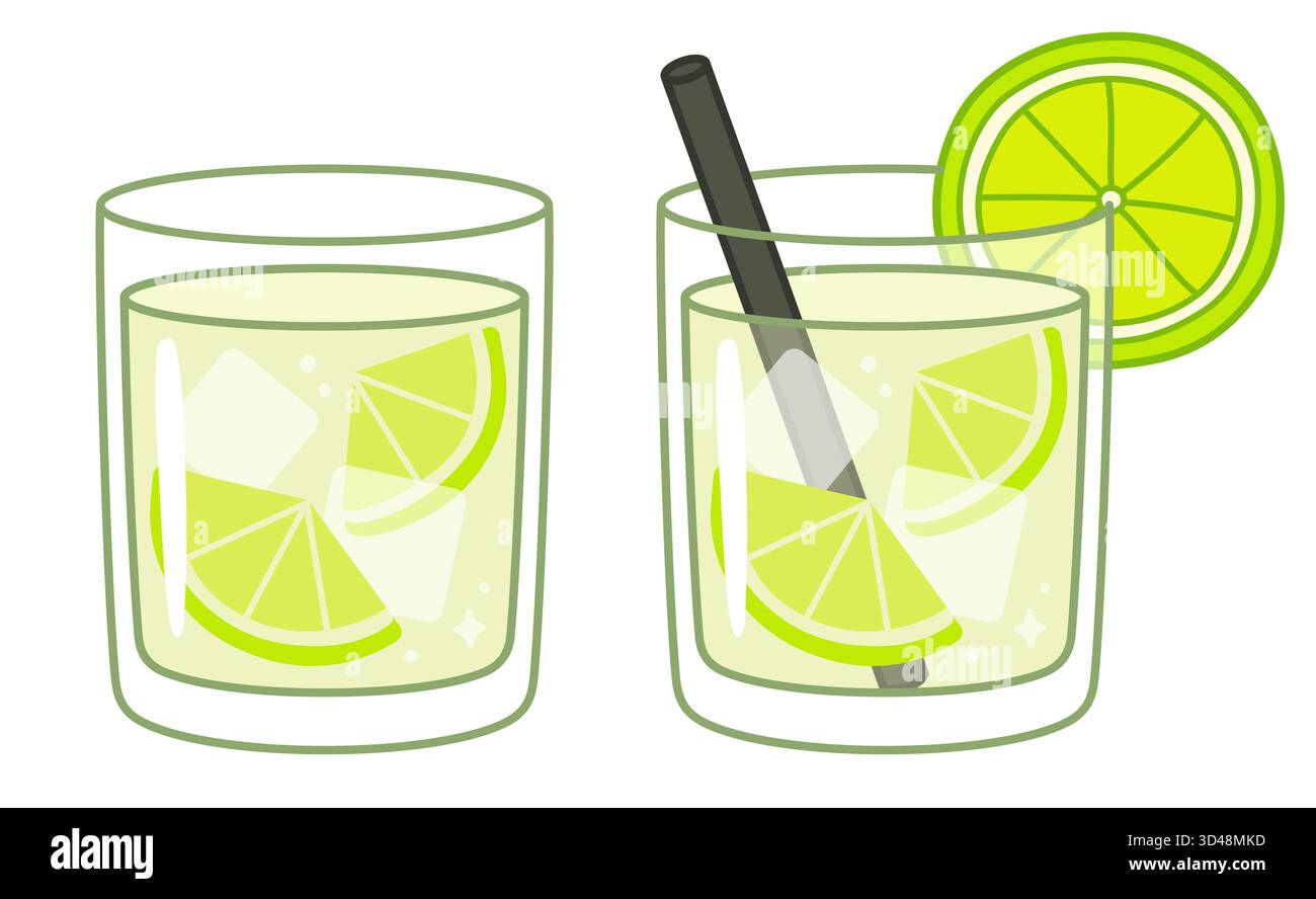 Bicchiere da cocktail Caipirinha con lime e cubetti di ghiaccio. Carino disegno a clip vettoriale di cartoni animati, illustrazione disegnata a mano. Illustrazione Vettoriale