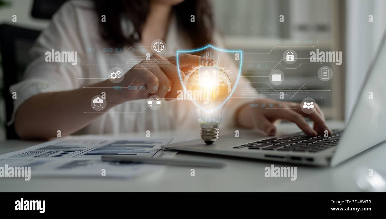 Il sistema intelligente di cibersicurezza con intelligenza artificiale migliora la protezione digitale, rileva le minacce in tempo reale e garantisce la trasmissione sicura dei dati, migliorando la resilienza Foto Stock