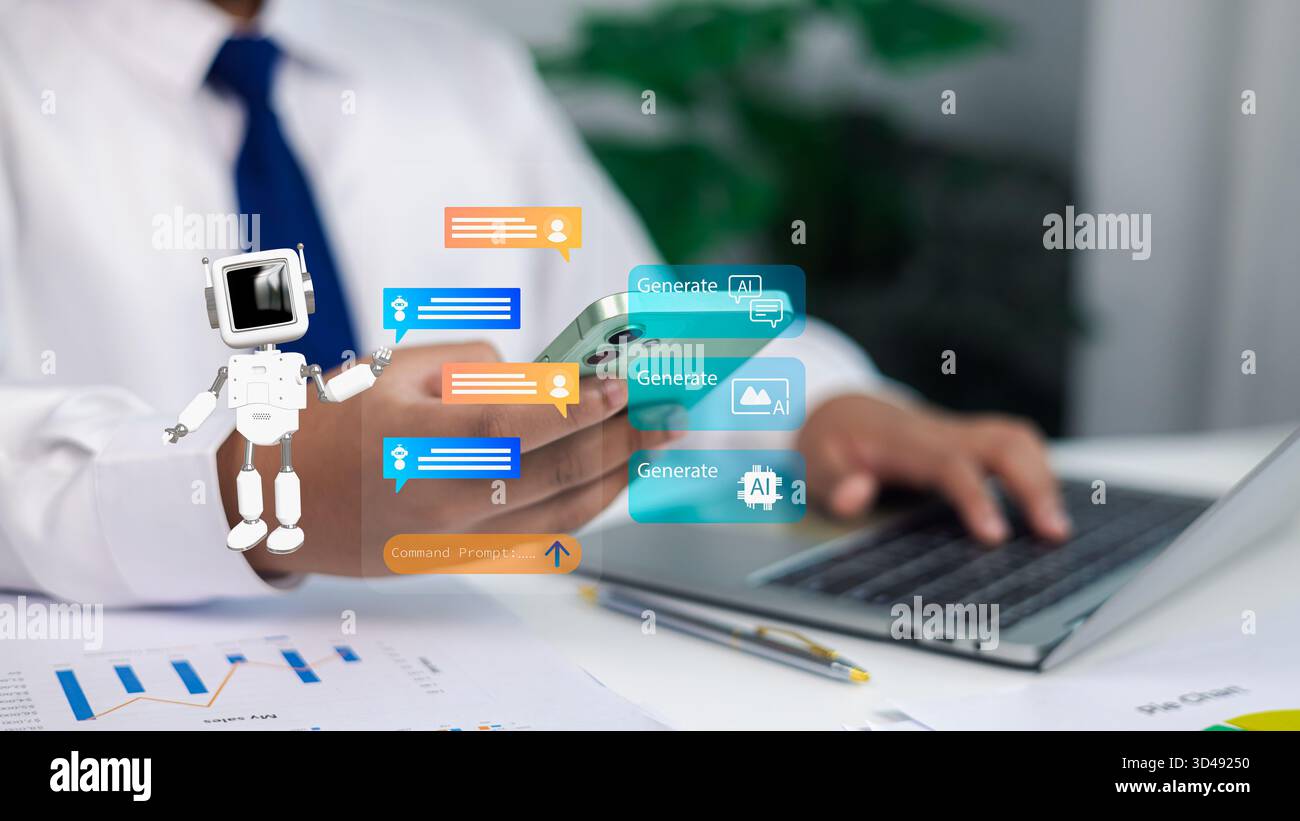 Uomo d'affari che utilizza smartphone con chatbot ai e icone della tecnologia generativa, che rappresentano intelligenza artificiale, automazione e comunicazione digitale Foto Stock