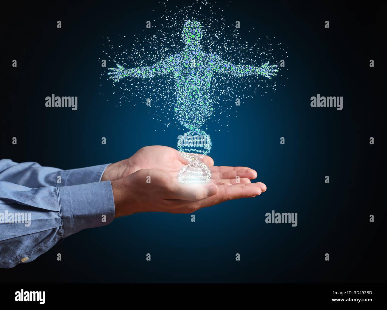 Mani che tengono una rappresentazione digitale brillante di un corpo umano e di un'elica del DNA, che rappresentano la ricerca genetica avanzata e la tecnologia futura Foto Stock