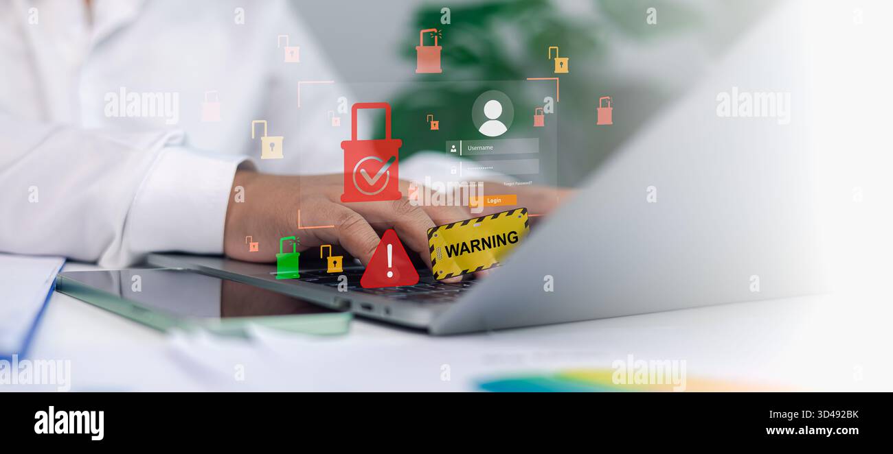 Concetto di avviso di cibersicurezza con schermata di accesso, protezione dei dati e simboli di allarme, che rappresentano la privacy online, la prevenzione degli hacking, e informazioni digitali Foto Stock