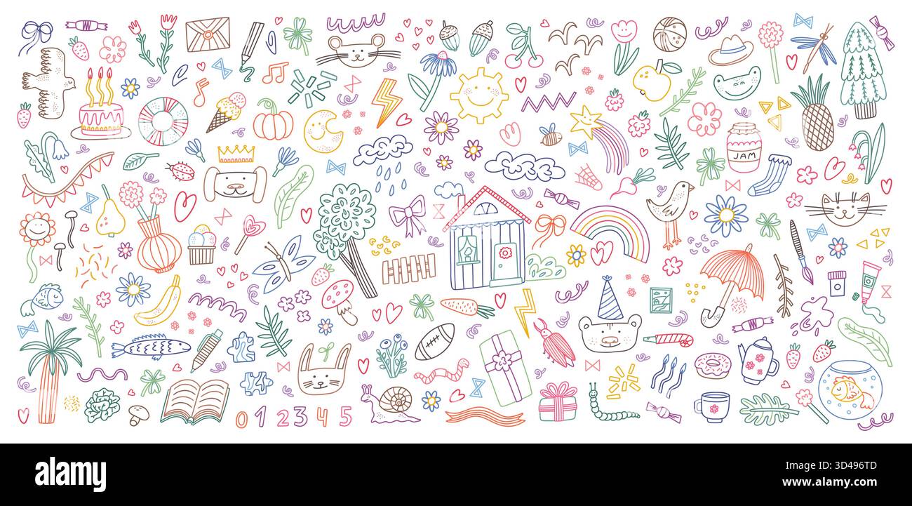 Icone dei bambini. Elementi per bambini carini. Grafica per bambini estivi per il libro scolastico di arte in linea. Fiore, casa e sole. Animale divertente. Schizzo del contorno. Disegno con penna a colori. Sfondo infantile. Illustrazione vettoriale Illustrazione Vettoriale