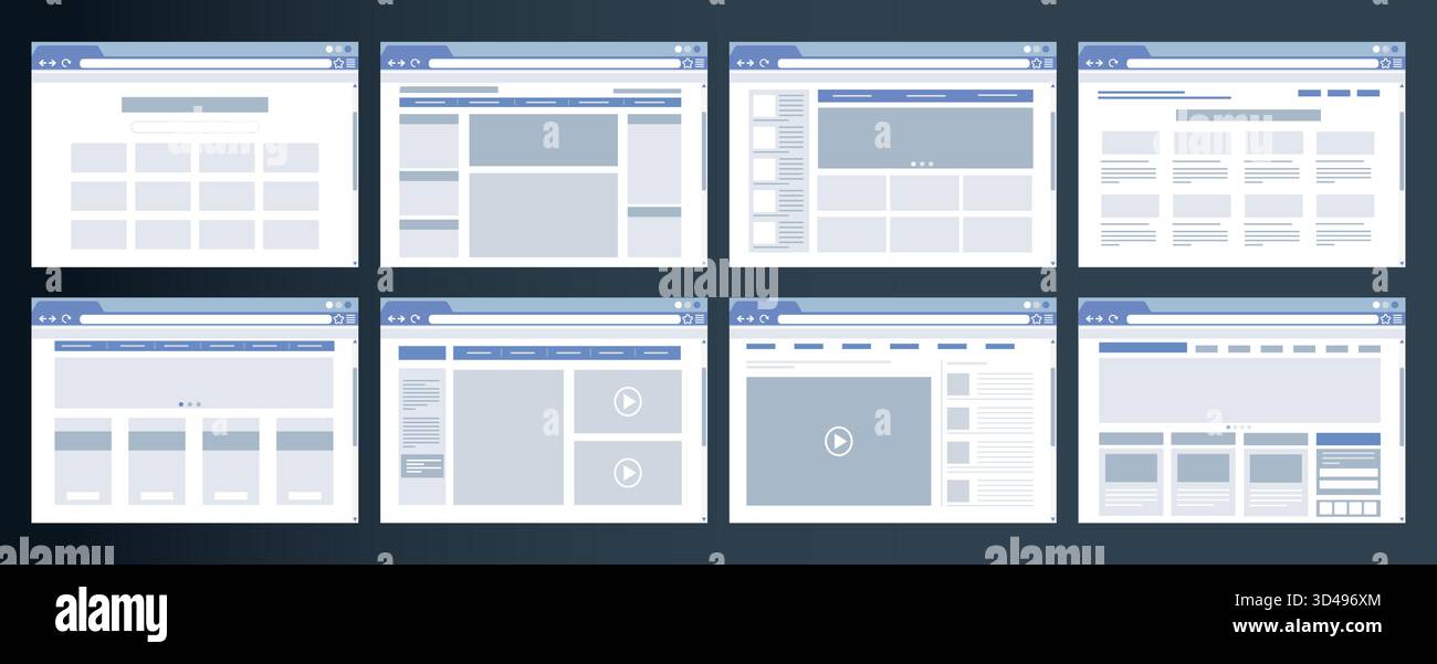 Finestra del browser. Icona sito Web Internet. Esempio di layout del nastro piatto. Intestazione pagina chat. Interfaccia Sitemap. Prototipo banner pagina Web. Cornice immagine. Homepage delle notizie. Barra di ricerca. Set di modelli di disegno vettoriali Illustrazione Vettoriale