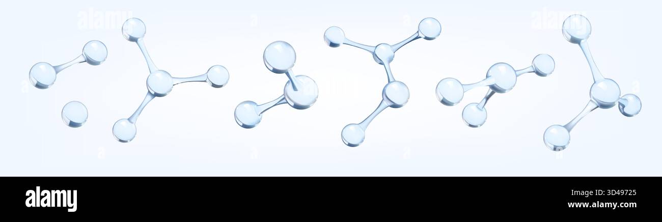Icone della scienza 3D. Cella chimica nano-collagene. Bolla bio-DNA o connessione atomica di ossigeno chimica. Molecola cosmetica. Formula scientifica. Ricerche di laboratorio. Set isolato di forme di vetro per biochimica vettoriale Illustrazione Vettoriale