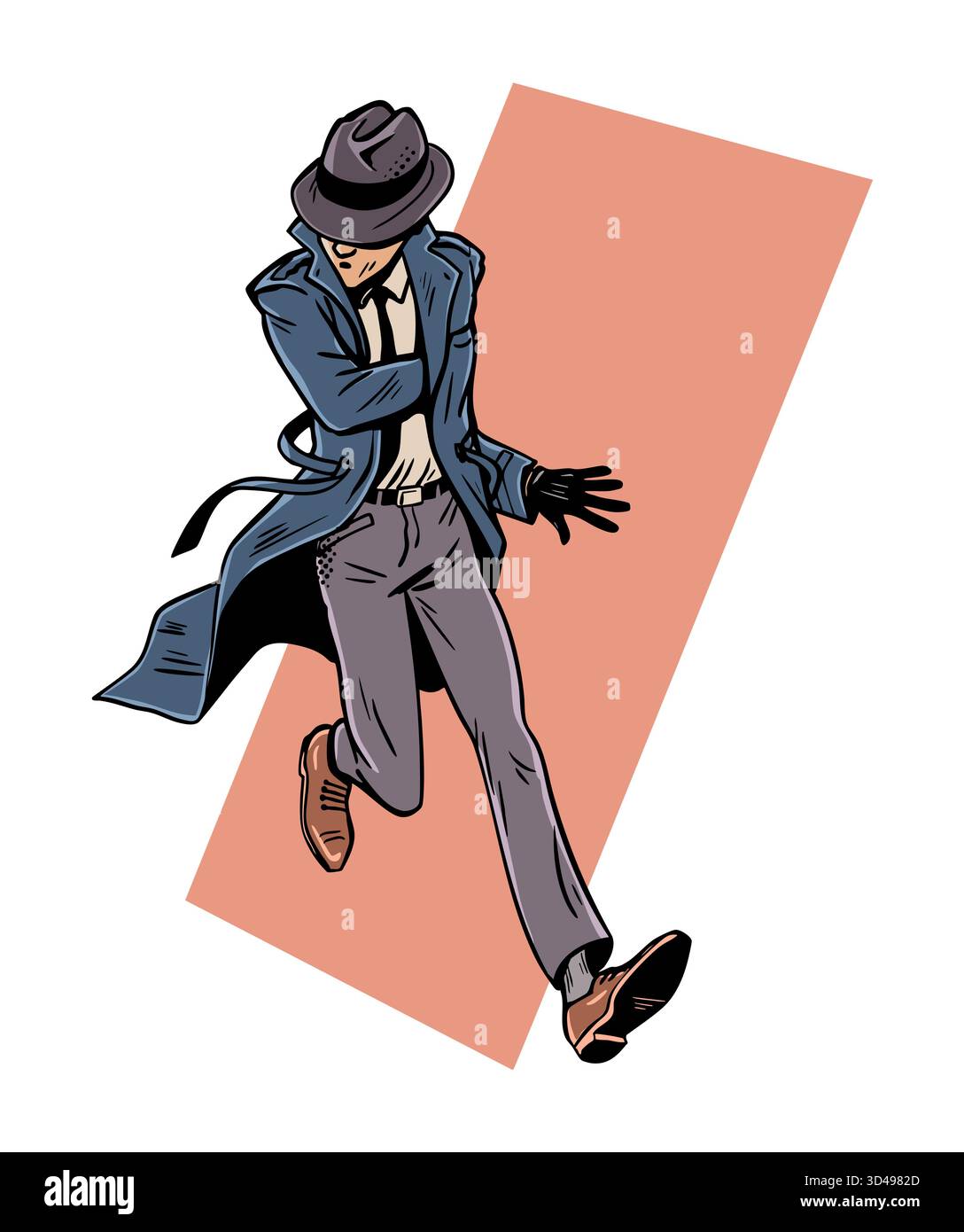 Illustrazione vettoriale pop art disegnata a mano di un detective che corre in trench. Posa dinamica dell'azione a tutto il corpo per poster, banner, annunci pubblicitari e storytelling Illustrazione Vettoriale