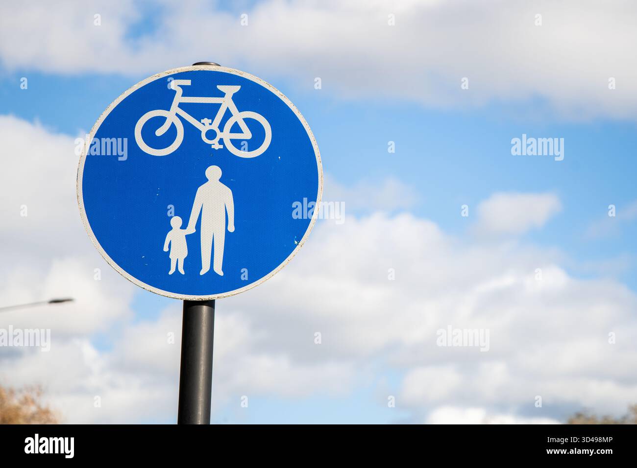 Cartello circolare blu che indica un percorso pedonale e ciclabile condiviso nel Regno Unito, che promuove percorsi sicuri a piedi e in bicicletta. Foto Stock