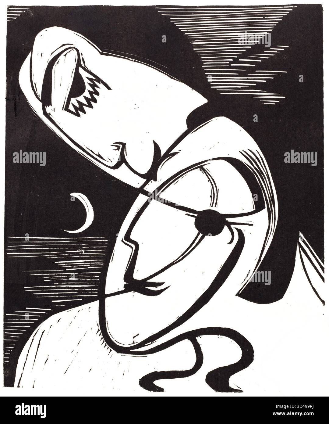 Ernst Ludwig Kirchner - The Kiss - 1930 - l'opera d'arte, creata nel 1930, è una stampa in bianco e nero che raffigura due figure in un abbraccio drammatico. Kirchner utilizza forme audaci e astratte, angoli nitidi e contrasti vivi per trasmettere un senso di pura emozione e tensione. Le forme intrecciate delle figure sono semplificate in linee audaci, enfatizzando la loro unità e connessione. La luna crescente sullo sfondo aggiunge un'atmosfera intima ed emotiva alla scena. Kirchner è stato co-fondatore del gruppo di artisti Die Brücke, che ha cercato di allontanarsi dall'arte accademica. Foto Stock
