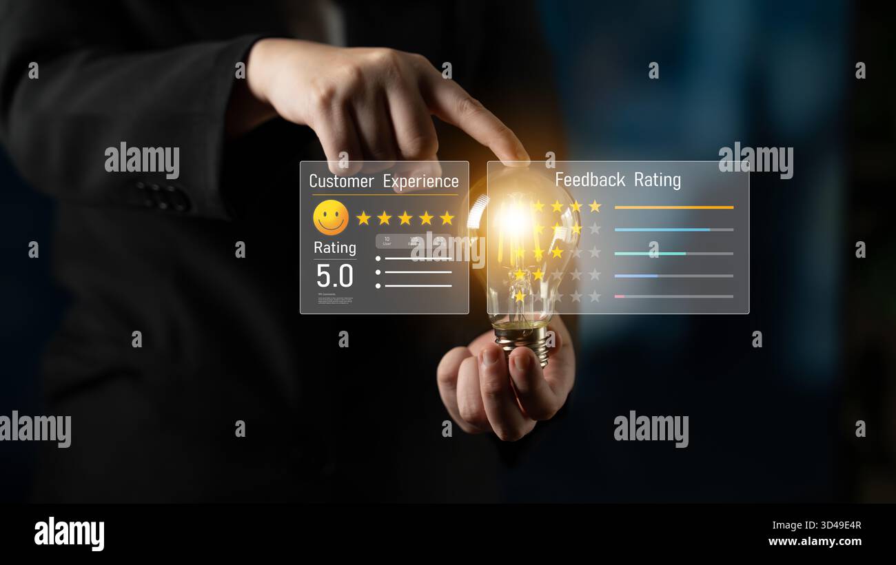 Analisi del feedback e delle recensioni dei clienti per migliorare la soddisfazione, monitorare le valutazioni ed estrarre informazioni dalle esperienze e dai sentimenti degli utenti. Garanzia Foto Stock