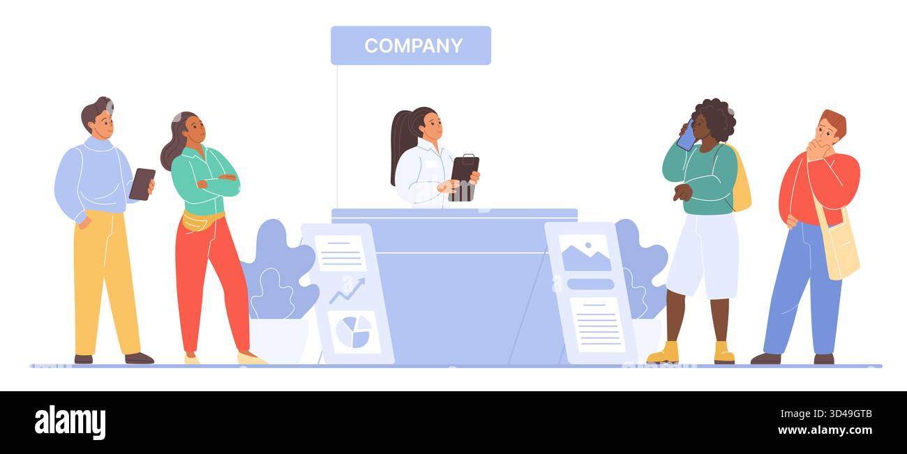 Gruppo di visitatori di diverse esposizioni aziendali che interagiscono presso uno stand aziendale, networking e raccolta di informazioni, moderna scena di eventi aziendali isolata su sfondo bianco illustrazione vettoriale Illustrazione Vettoriale