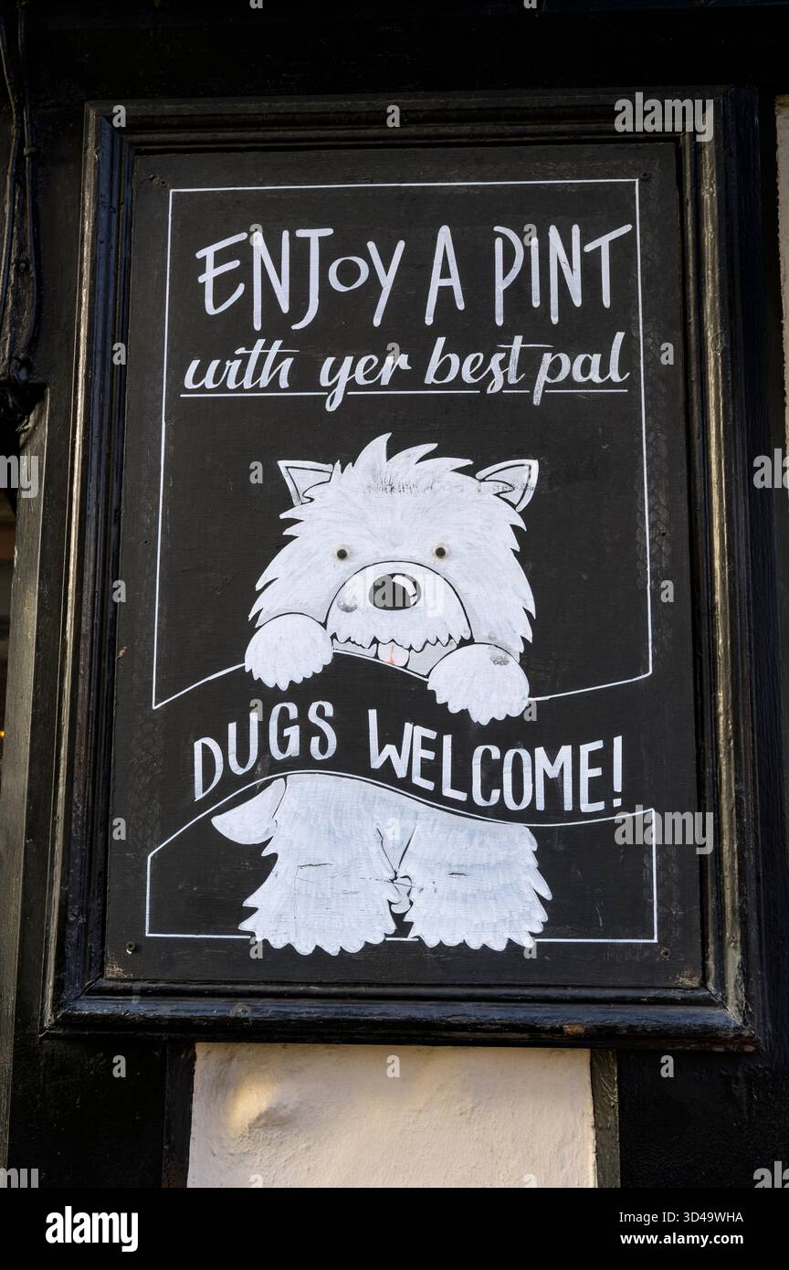 Dugs welcome sign su un pub, Scozia, Regno Unito Foto Stock