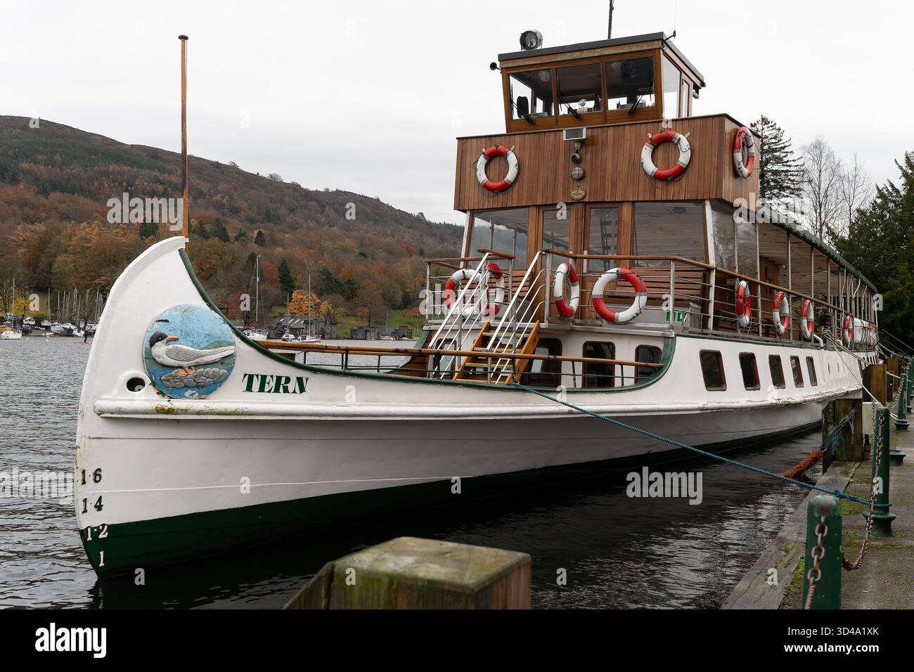Storico battello a vapore Tern ormeggiato al molo di Windermere con le colline autunnali alle spalle Foto Stock
