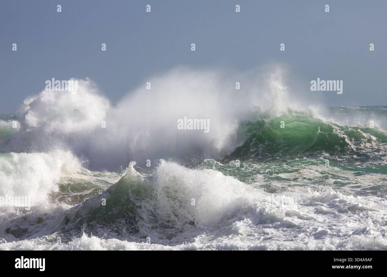 Grandi onde violente che si infrangono sulla spiaggia a Kynance Cove sulla Penisola di Lizard, Cornovaglia. Foto Stock
