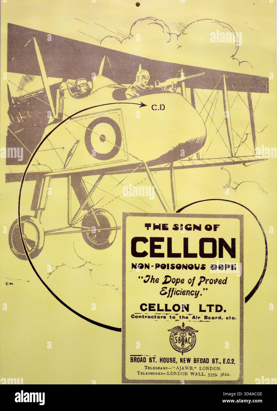 Poster pubblicitario per Cellon, un popolare dope protettivo per l'uso su tessuti che si trovano sui primi aerei Foto Stock