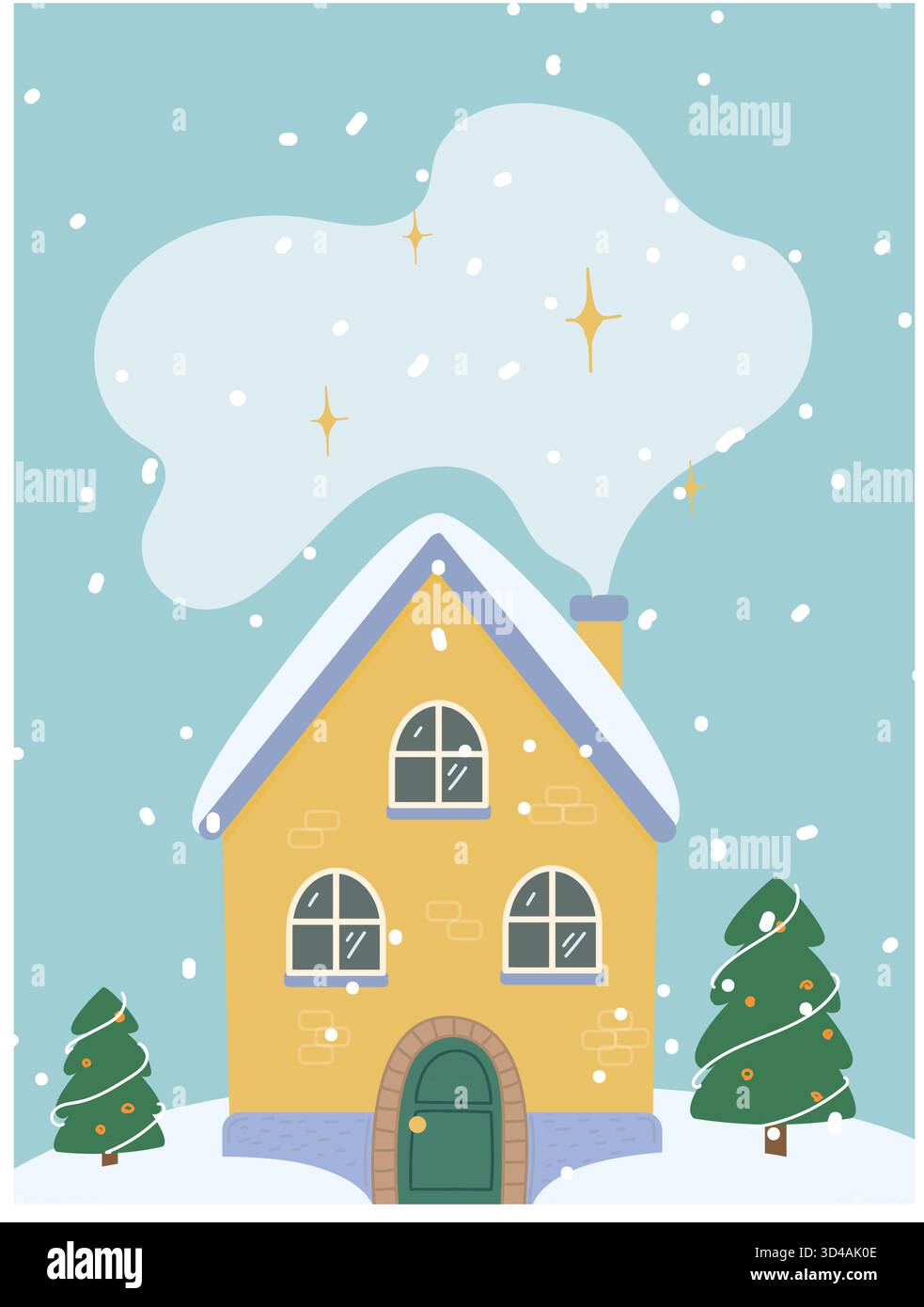 graziosa illustrazione di una casa d'inverno con neve e alberi di natale, accogliente scena natalizia in stile disegnato a mano Illustrazione Vettoriale