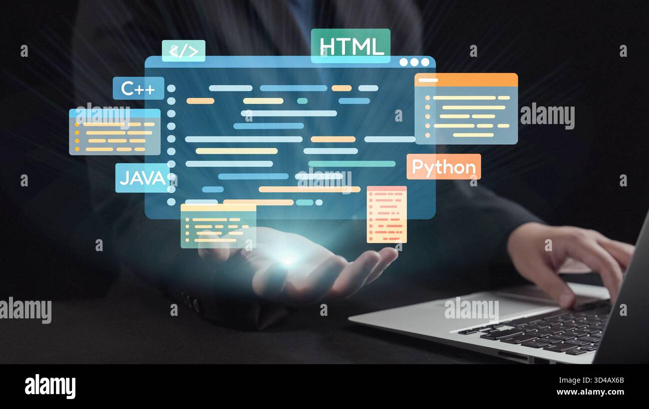 Un programmatore moderno interagisce con un laptop, mentre i linguaggi di programmazione virtuale fluttuano sopra, illustrando un approccio innovativo alla tecnologia e. Foto Stock