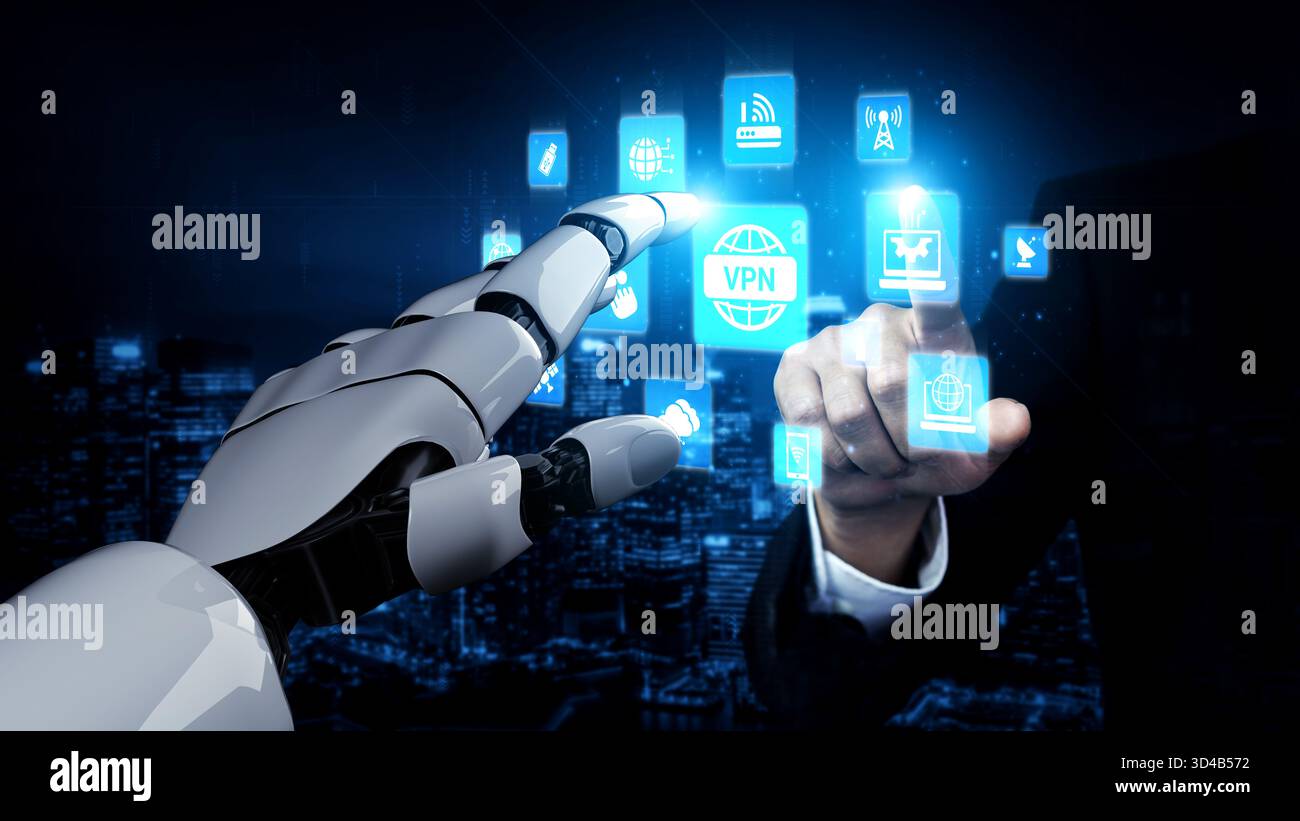 Le reti di comunicazione AI ottimizzano la connettività digitale, migliorano il trasferimento globale dei dati e migliorano l'accesso alle comunicazioni sicuro e scalabile in tutto il mondo Foto Stock