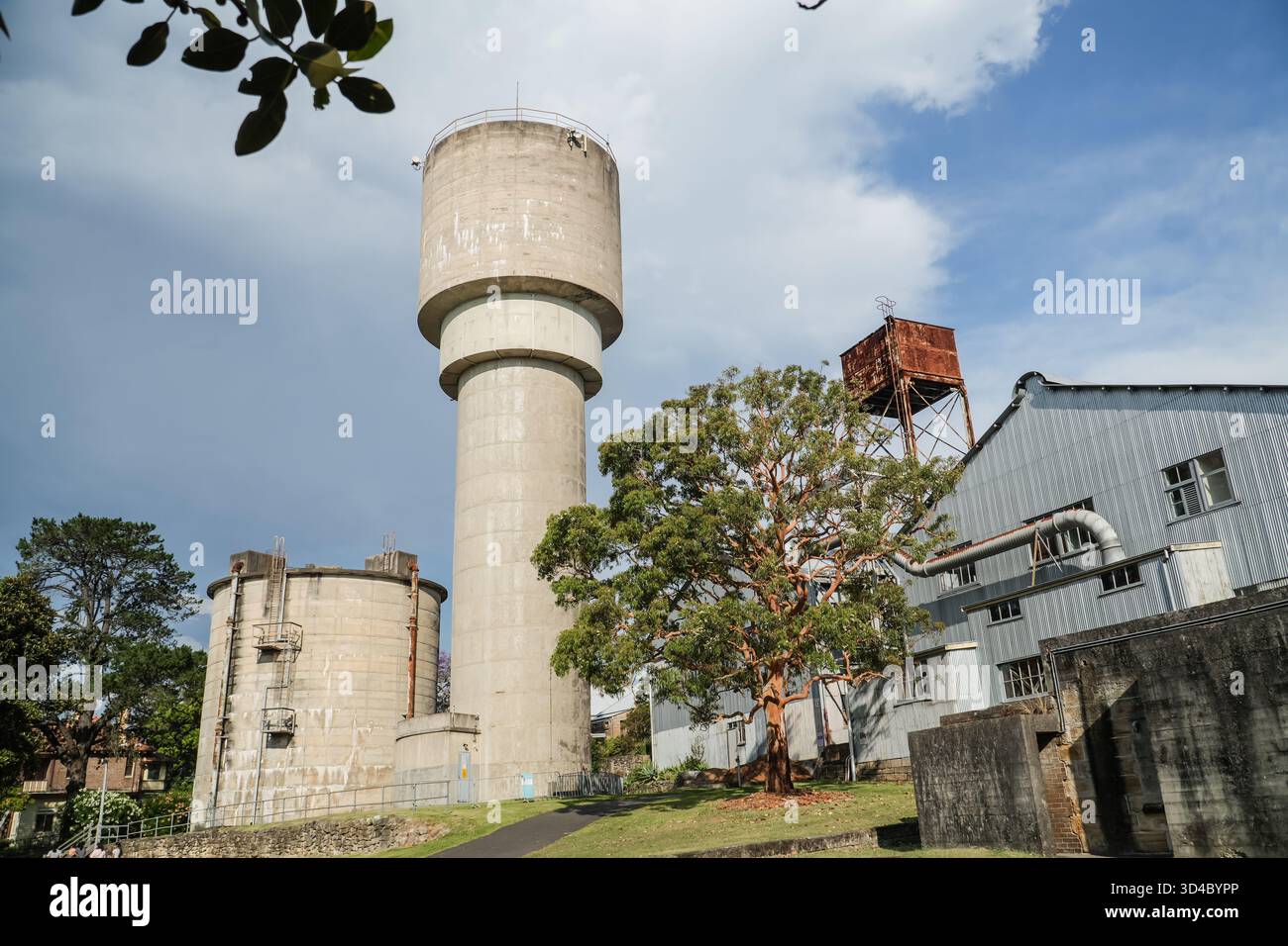 Torre d'acqua in cemento e edifici industriali in ferro ondulato presso il quartiere Ship Design sull'isola di Cockatoo, patrimonio dell'umanità dell'UNESCO a Sydney, Aust Foto Stock
