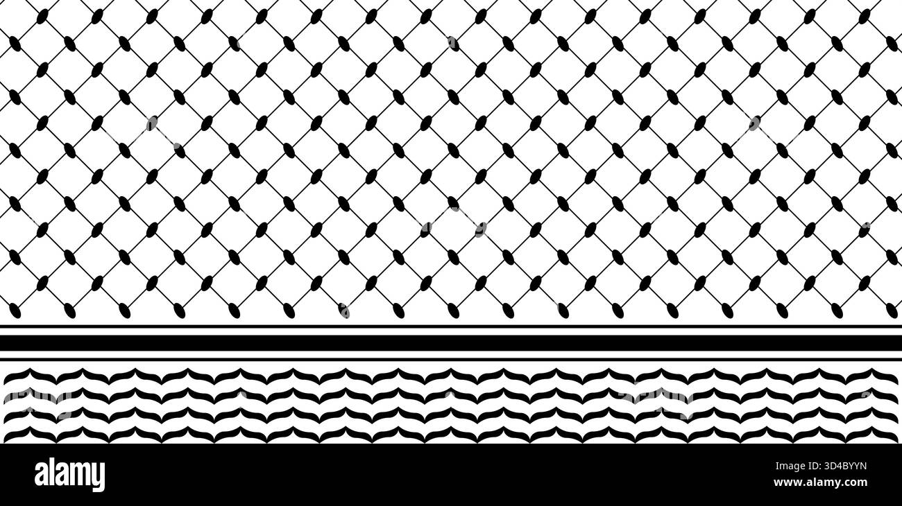 Classico motivo keffiyeh bianco e nero. Tradizionale sciarpa orientale per la testa o stampa con scollo. Tessuto asratto gometrico semplice. Design in tessuto mediorientale. Illustrazione grafica vettoriale. Illustrazione Vettoriale