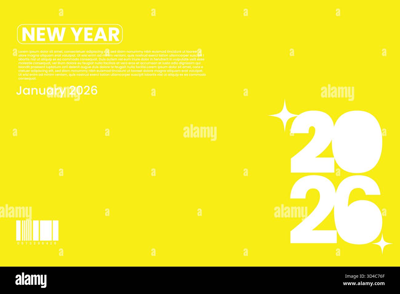 Un luminoso e allegro design a tema giallo per accogliere il nuovo anno 2026. Ideale per promozioni natalizie e grafica di branding positiva. Illustrazione Vettoriale