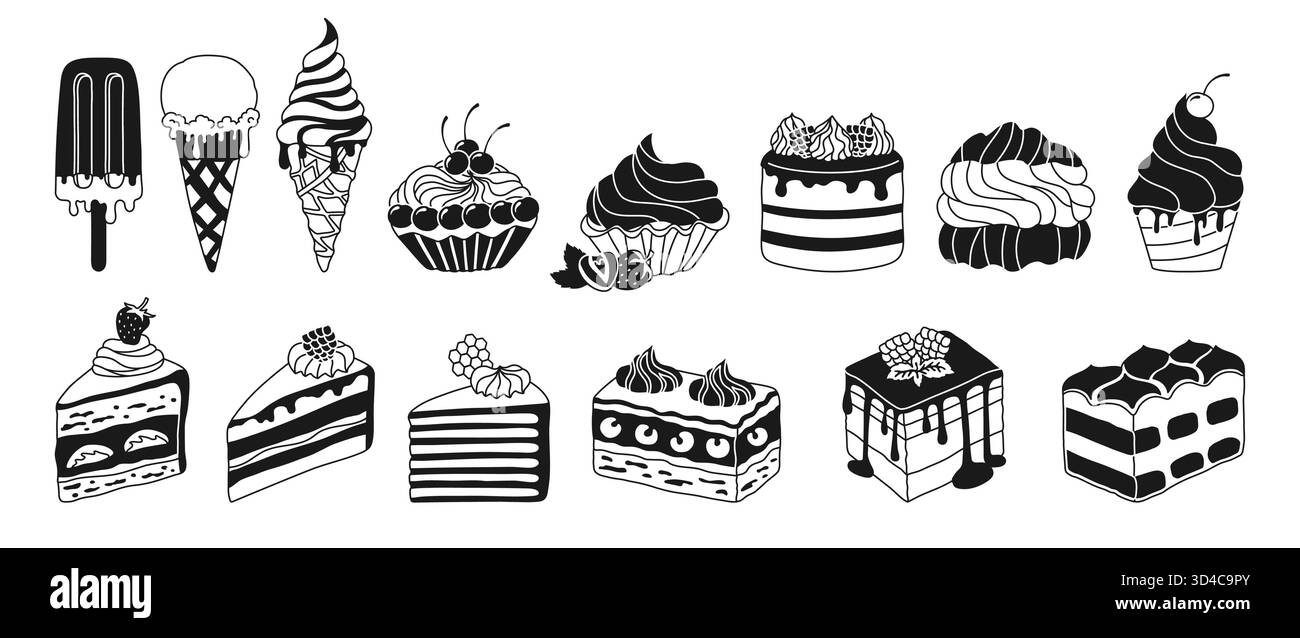 Torte, pezzi di torta e gelato, diversi tipi di dessert set di glifi bianco e nero. Illustrazione della consistenza di vari fette di torta per il compleanno. Dolce arte della pasticceria natalizia. Disegno vettoriale di cartoni animati disegnati a mano Illustrazione Vettoriale